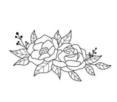 Floral border with peonies flowers and leaves in outline style. Vector line wildflowers. Elegant floral bouquet hand drawn isolated on white