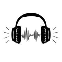 Headphones, headset with music playing loud monochrome sketch outline vector line art. Device, stereo audio accessory with sound wave