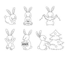 conjunto de lindos conejos de línea en diferentes poses. símbolo vectorial del año nuevo 2023 aislado en blanco. Página para colorear de conejito con árbol de navidad y regalo para bebé. vector