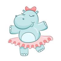 Hand drawn line cute hippo ballet dancer vector illustration. Cartoon girl hippopotamus isolated on white background.