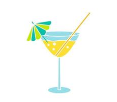 Alcoholic yellow cocktail with bubbles in glass with umbrella and straw isolated on white background. Color vector illustration in flat style.
