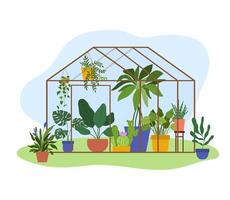 Planting greenhouse concept. Glass garden glass house, flowers and potted plants. Vector illustration of hobby gardening isolated on white . Hanging Plants