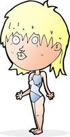 cartoon woman in swimsuit shrugging shoulders vector