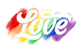 Vector illustration for LGBT community. LOVE typography on rainbow watercolor flag of pride, isolated on white background texture. Symbol of love. Design for Sticker, t-shirt print, logo design.