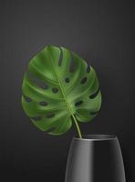 Vector realistic poster with 3D green tropical leaf in vase on dark background. Botanical illustration with monstera for interior, home decor, ad, wallpaper, card, banner, web design.