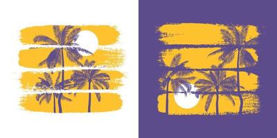 Botanical illustration of silhouettes of palm trees and sun with colorful brush strokes. Vector template for print and design in a tropical style. Summer poster in yellow and purple colors