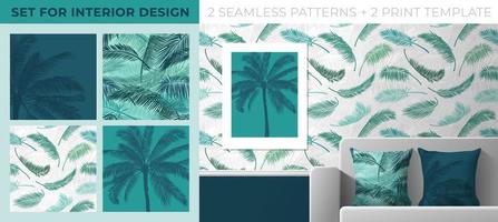 Set of prints and seamless patterns for interior decoration. Seamless pattern from palm leaves for printing on wallpaper, textiles, pillows. Palm tree illustration for printing posters.