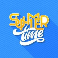 Summer time lettering on light blue background. Flat design. Vector illustration for banner, poster, flyer, card, postcard, cover, brochure.