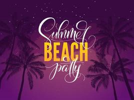 Summer beach party typography. Tropical poster with night sky and palm tree. Vector illustration for night club. Font composition. Template for banner, poster, flyer, card, postcard, cover, brochure.