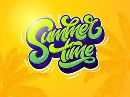 Summer time typography on orange background with palm plants. Vector design illustration. Modern typography for sticker, banner, poster, broshure, flyer, card. Vector lettering.