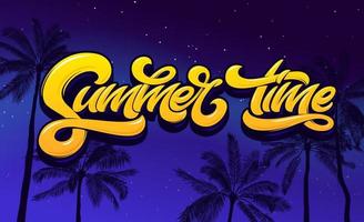 Summer Time lettering with palm tree and night sky. Vector lettering for sticker, banner, poster, broshure, flyer, card. Hand drawn lettering. Modern brush calligraphy. EPS10.