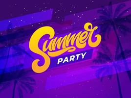 Summer party lettering on ultraviolet background with palm tree. Vector template for night club party. Vector typography for banner, poster, flyer, card, postcard, cover, brochure.