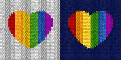 Knitted seamless pattern with rainbow heart shape on gray and dark blue background. Vector illustration for Valentines Day, pride. Symbol of love. Template for postcard, invitation, poster, print.