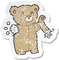 distressed sticker of a cartoon teddy bear with torn arm vector