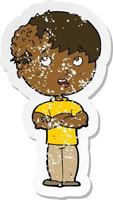 retro distressed sticker of a cartoon boy with growth on head vector