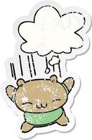 cartoon jumping bear and thought bubble as a distressed worn sticker vector