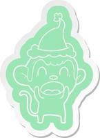 shouting cartoon  sticker of a monkey wearing santa hat vector