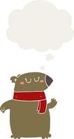 cartoon bear with scarf and thought bubble in retro style vector