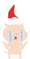 crying pig flat color illustration of a wearing santa hat vector