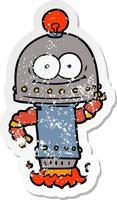 distressed sticker of a happy carton robot with light bulb vector