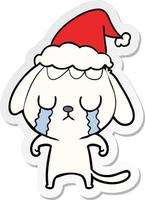 cute sticker cartoon of a dog crying wearing santa hat vector