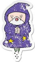 distressed sticker of a cartoon floating wizard vector