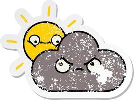 distressed sticker of a cute cartoon storm cloud and sun vector