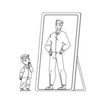 Kid Boy Dreaming For Be Adult Man In Mirror Vector