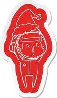 happy cartoon  sticker of a astronaut wearing santa hat vector