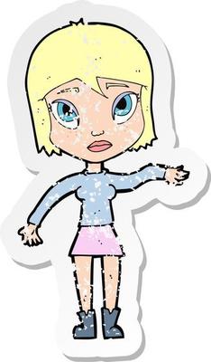 retro distressed sticker of a cartoon woman waving hand