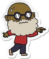 sticker of a cartoon worried man with beard and spectacles pointing finger vector