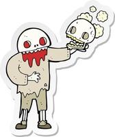 sticker of a cartoon zombie holding a skull vector