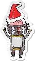 distressed sticker cartoon of a crying robot wearing santa hat vector