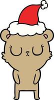 peaceful line drawing of a bear wearing santa hat vector