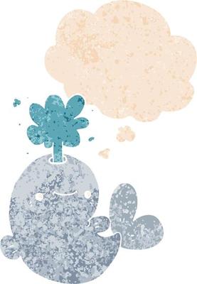 cartoon whale spouting water and thought bubble in retro textured style