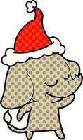 comic book style illustration of a smiling elephant wearing santa hat vector
