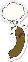 happy cartoon sausage and thought bubble as a printed sticker vector