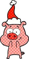 happy comic book style illustration of a pig wearing santa hat vector