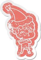 cartoon distressed sticker of a curious man wearing santa hat vector