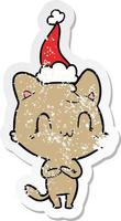 pegatina angustiada caricatura de un gato feliz con sombrero de santa vector