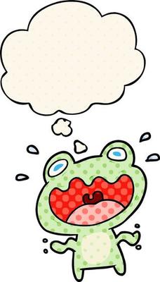 cartoon frog frightened and thought bubble in comic book style