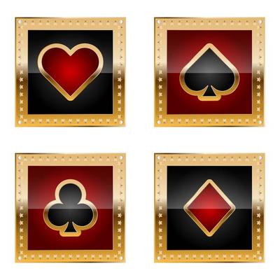 Card suits icon set for casino with golden border and stars