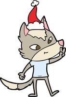 friendly line drawing of a wolf giving peace sign wearing santa hat vector