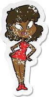 retro distressed sticker of a cartoon woman with hands on hips vector