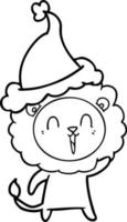 laughing lion line drawing of a wearing santa hat vector