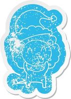 happy cartoon distressed sticker of a lion wearing santa hat vector