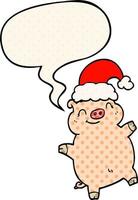 cartoon happy christmas pig and speech bubble in comic book style vector