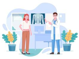 Doctor looking at a x-ray chest film with woman patient in clinic. Vector flat illustration. Radiology and body scan in medicine concept.