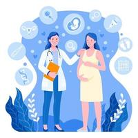 Female doctor woman with pregnant woman. Vector flat illustration.