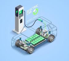 Electric car vehicle components isometric illustration. vector